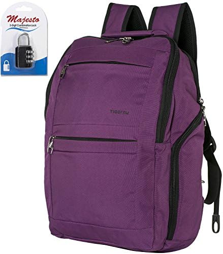 Business Laptop Backpack for 14 Inch Notebook for Travel and Commute with Bottle Holders and Lots of Pockets Water Resistant Small Padded Ergonomic Light Professional Purple + Padlock Bundle
