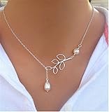 Fashion Women Necklace Personality Foliage Pearl Water Droplets Cross Clavicle Chain