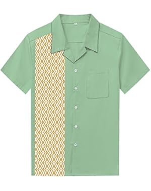 Men's 50s Male Clothing Rockabilly Style Casual Cotton Blouse Mens Fifties Bowling Dress Shirts