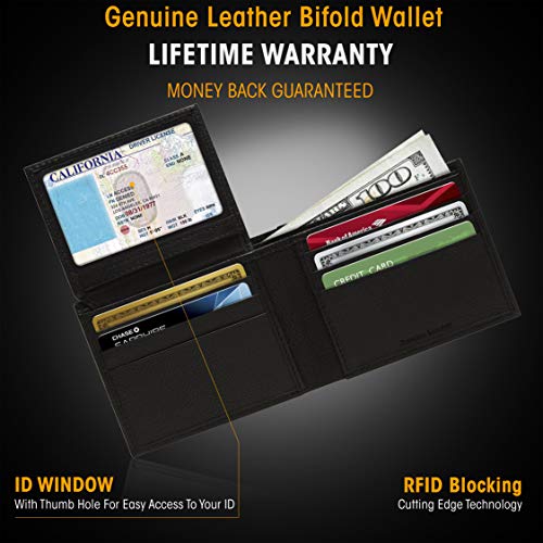 Slim Leather Bifold Wallets For Men - Minimalist Mens Wallet RFID Blocking Card Holder With ID Window Box Gifts For Men