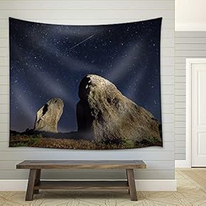 Real Night Sky Landscape with a Perseid Meteor and Two Menhirs - Fabric Wall Tapestry Home Decor - 51x60 inches