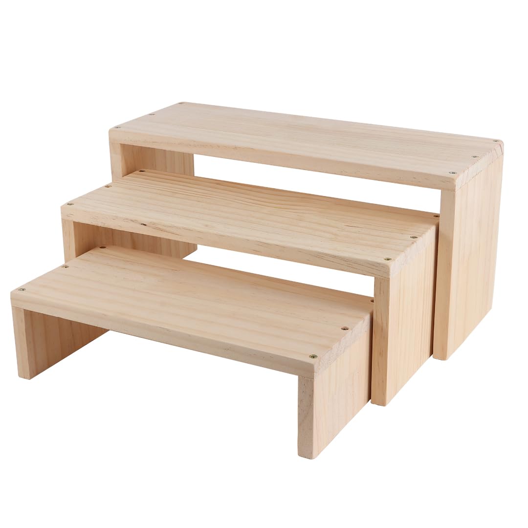 Photo 1 of WIQARJ 3-Tier risers display stands, Wooden Retail Display Rack for retail Rustic Tabletop Display rack for cupcakes, collectibles,jewelry, perfum, Funko Pop Figures