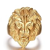 FANSING Mens Jewelry Stainless Steel Gold Lion Head Ring