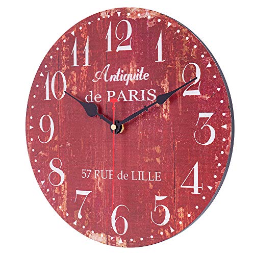 SkyNature Wooden Wall Clock, Silent Non-Ticking Battery Operated Quartz Movement, Large Arabic Numerals Vintage Rustic Decorative Clock for Living, Dining, Bedroom, Kitchen - 12 Inch, Distressed Red