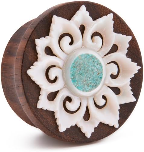 Sono Wood Plug for Ear – Turquoise Inlaid Mother of Pearl Flower