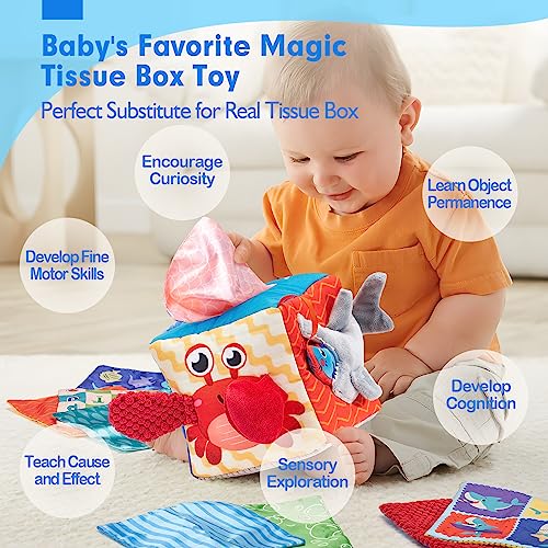 hahaland Baby Toys 3-6 Months Montessori Tissue Box for Babies, Sensory Toy Interactive Tissue Box and Mirror, Newborn Boy Gift