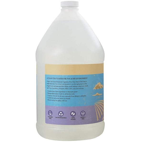 GINGER LILY FARMS BOTANICALS PLANT-BASED LIQUID DISH SOAP, CONCENTRATED FORMULA WITH MAX GREASE CLEANING POWER, CRUELTY-FREE, FRAGRANCE-FREE, 1 GALLON REFILL (128 FL. OZ.), CLEAR