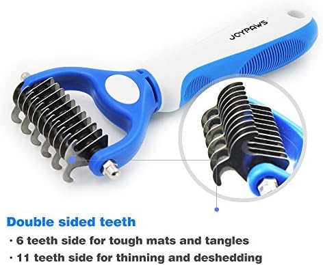 JOYPAWS Pet Grooming Tool - 2 Sided Undercoat Rake for Cats & Dogs - Safe Dematting Comb for Easy Mats & Tangles Removing - No More Nasty Shedding and Flying Hair