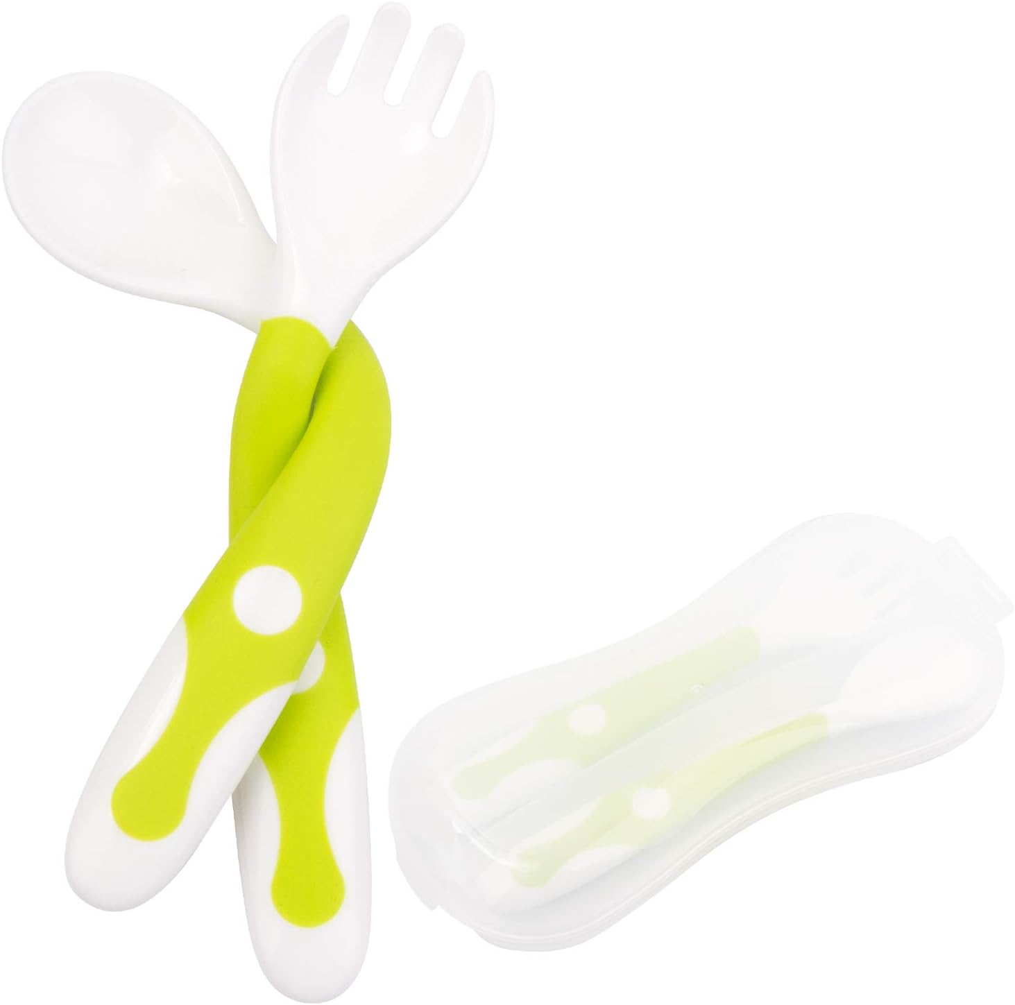 Qshare Baby Utensils Spoons with Travel Safe Case, Toddlers Feeding Training Spoon with Easy Grip and Bendable Function, Perfect Self Feeding Learning Spoons, Set of 2