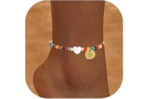KAERUN Initial Ankle Bracelets for Women Waterproof Handmade Colorful Beaded Anklets for Women Disc 18K Gold Plated Letter Heart Anklet Boho Beach Anklets for Teen Girl Gifts Trendy Vacation Foot Jewelry