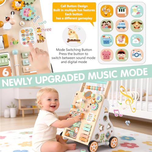 Weilim Wooden Baby Walker, 10-in-1 Montessori Push Walker for Toddlers 1+ | Activity Center with Xylophone, Shape Sorter, Gears | Adjustable Speed & Height | Natural Wood Learning Walking Toy