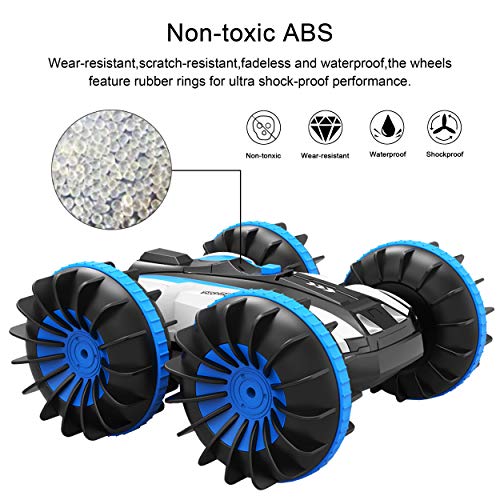 Yuboa Waterproof Remote Control Car Boat,4WD RC Cars 360 Degree Spins and Flip Water Land RC Vehicle 2.4Ghz,Double Sided Stunt Waterproof RC Truck Toy for Boys Kids Xmas Present Blue - Thumbnail 5