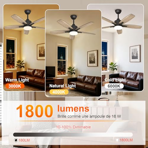 Kemoribe Ceiling Fan with Light and Remote Control, 106 cm LED Lamp Ceiling Fan Dimmable Built-In Lamp, 6 Speed, Silent Wood Effect Blades