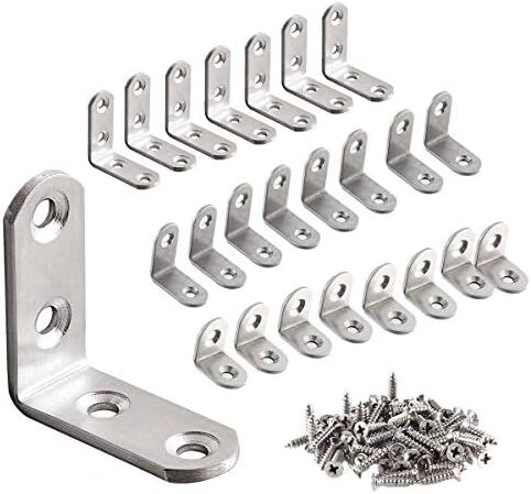 ONLM Corner Bracket Corner Brace Set L Right Angle Brackets Angle Braces Stainless Steel 24 Pieces 3 Sizes Silver Metal Angle Support Joint Right Angle Bracket Fastener