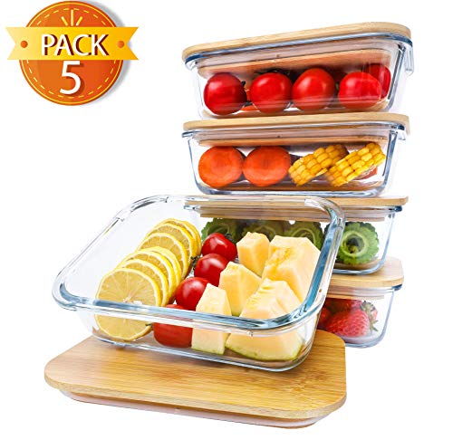 BlueHills Premium Glass Meal Prep Lunch Containers with bamboo Lids Plastic Free Glass Food Containers BPA-Free Microwave Oven Freezer Dishwasher Safe 5 pack set 10 pieces (G004 bamboo lid) - Thumbnail 3