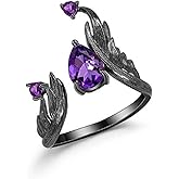 Punk Amethyst Teardrop Open Ring for Women Unisex Fashion Purple Crystal Black Fire Band Wrap Finger Rings Adjustable Comfort Fit Gothic Holiday Halloween Jewelry