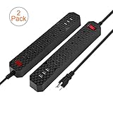 [2 Pack] Poweradd 6-Outlet Surge Protector Power Strip with 3-Port USB Charger Wall Mount Design, 6 foot Extension Cord - Black