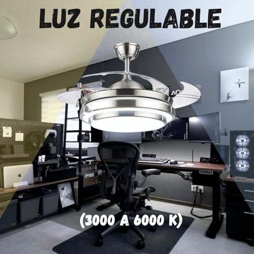 Megaluz F500VL01 Ventilador de techo con lámpara led y control remoto y APP, 42 pulgadas, luz fría, cálida y neutra, aspas retractiles, Abanico 3 velocidades y motor silencioso (Metal satinado).