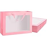 PACKQUEEN 12pcs Pink Gift Bags with Transparent Window, 16x6x12 Inches Extra Large Gift Bags with Handles for Wedding Graduation Mother's Day Festivals Party Present (Glossy Pink)