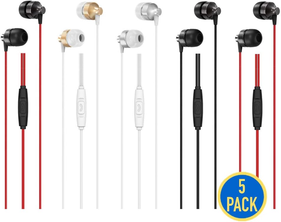 5 Pack Earbud Headphones with Microphone & Remote (G08), 3.5mm in-Ear Stereo Sound Corded Earphones Headsets Accessory Compatible with iOS Android Smartphone, Laptop, MP3, Gaming, Chromebook