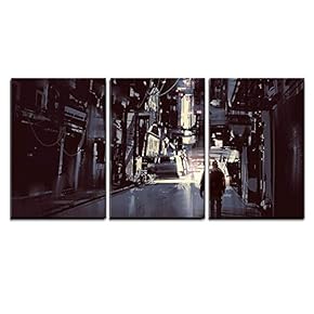 3 Piece Canvas Wall Art - Illustration - Man Walking Alone in Dark City,Illustration Painting - Modern Home Art Stretched and Framed Ready to Hang - 16"x24"x3 Panels