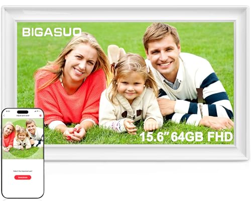 BIGASUO 64GB 15,6 Zoll Frameo Digitaler Bilderrahmen, WiFi, 1920x1080 IPS FHD Touchscreen, Weiß, Fotos vom Telefon senden