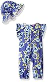 Isaac Mizrahi Baby Girls' 2 Piece Sleeveless Coverall Set with Sunhat, Blue Floral Pansy, 3-6 Months