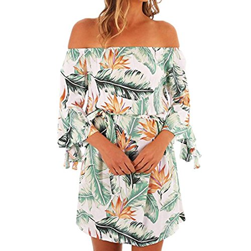 Dress-Han Shi Women Off Shoulder Leaves Print Short Mini Party Sundresses (White, XL)