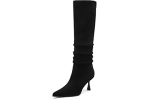 TEAIEUI Knee High Boots Women Kitten High Heel Faux Leather Pointed Toe Slouchy Long Boots Fashion Dress Pull on Tall Boots