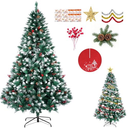 SINCHEREU Künstlicher Weihnachtsbaum 180CM,1400 Weiße Äste Einfache Montage, 45CM Eisenständer Inklusive 6 Verschiedene Dekorationen