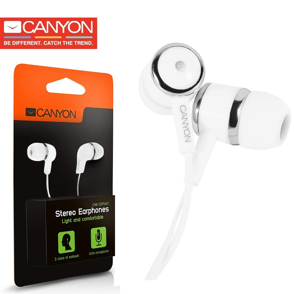 CANYON CNE-CEPM01W CNE-CEPM01W White Stereo Earbuds with Microphone for iPhone iPad with 3 Sizes