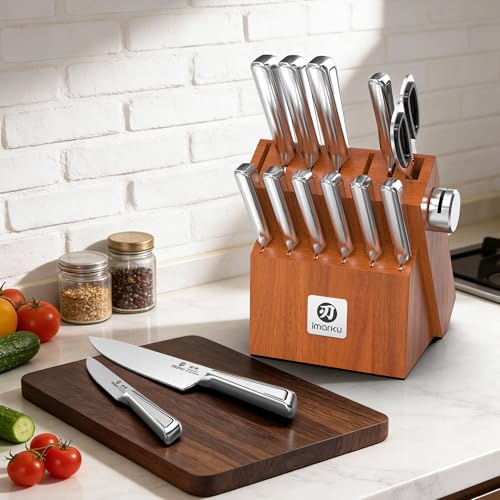 imarku High Carbon Stainless Steel Gyutou Knife Set with Block, Precision-Forged Razor Sharp 10–15° Edge, Ergonomic Non-Slip Handle, Built-in Sharpener, Brown, Best Gift Choice, Cooking Enthusiasts