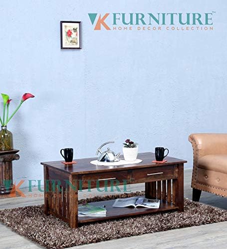VK Furniture Sheesham Wood Rectangle Center Table for Living Room | Wooden Coffee Table | with 2 Drawers | Walnut Brown Finish