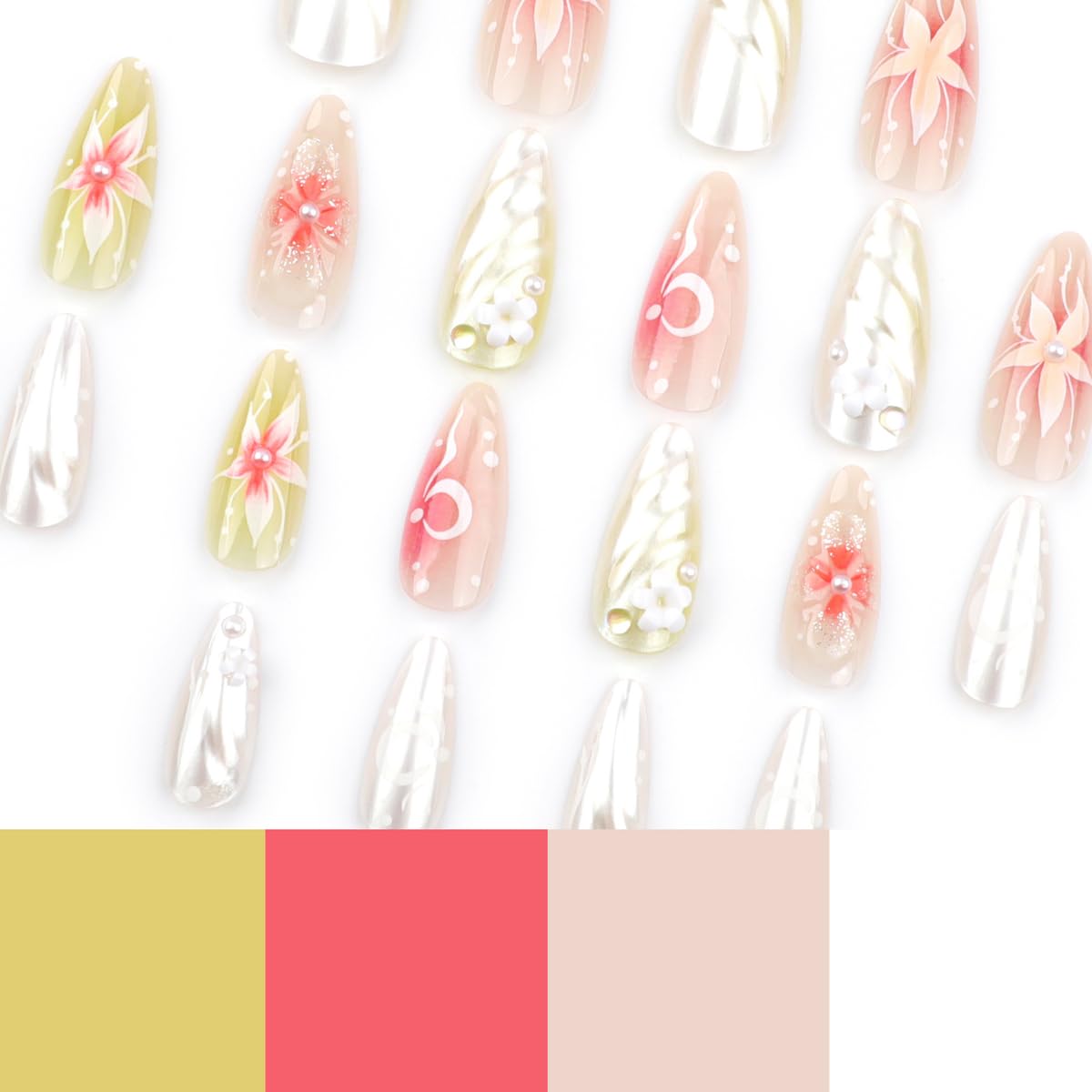 Flower Press on Nails Medium Almond Fake Nails Spring Summer Nails Press ons with Floral Designs Cute False Nails Pink Acrylic Nails Full Cover Glossy Stick on Nails for Women Manicure 24Pcs - Image 3