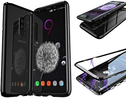 Magnetic Adsorption Case For Samsung Galaxy S9+ Plus - Tempered Glass Back [Metal Frames] Slim Fit Ultra-Thin Case Lightweight, Luxury Magnet Case Galaxy S9 Plus Case (Black Frame + Clear Back)
