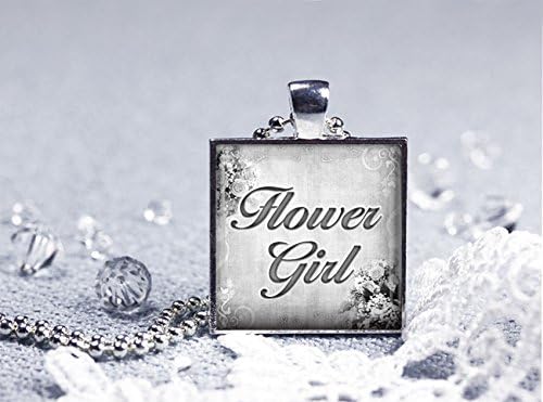 Flower Girl, Silver Bezel Glass Tile Pendant Necklace, Black and White Wedding Party Collection