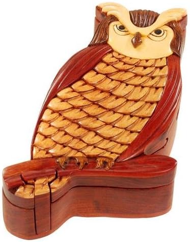 Owl Handmade Carved Wood Intarsia Puzzle Box