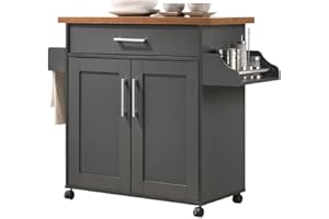 Hodedah Rolling Wood Kitchen Island Cart with Spice Rack, Towel Rack, Utensil Drawer plus Cabinet, White with Beech Top