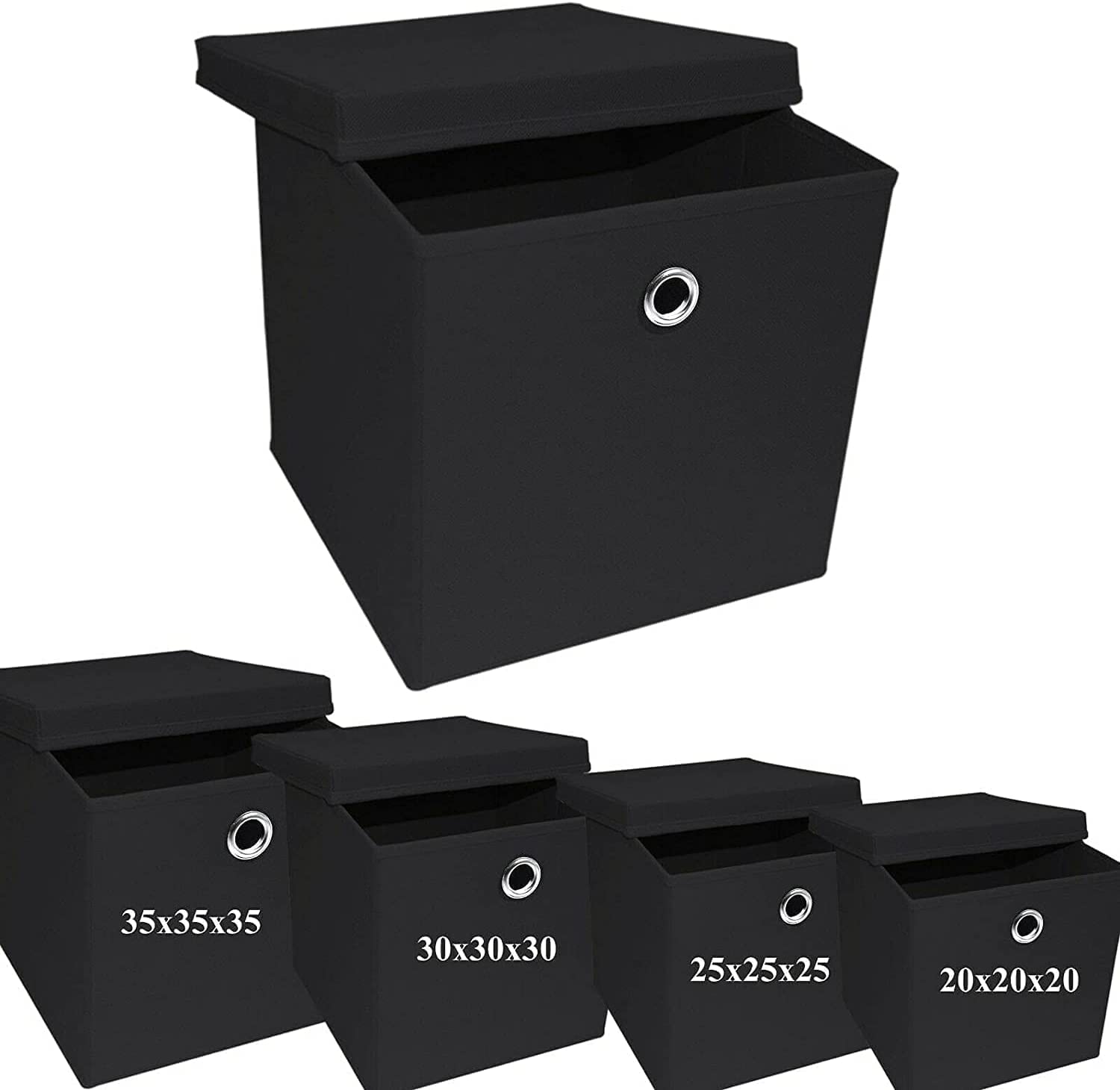 A406 3x Foldable Storage Boxes with Lid Storage Basket with Lid Fabric Cubes with Handles Collapsible Fabric Organiser Clothes Storage Box (Medium -25x25x25cm, Black) — image 1