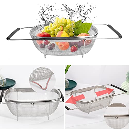 Beauenty Stainless Steel Over the Sink Colander Strainer Basket，Draining Basket，Sink Basket，Sink with Rubber Grip, Fine Mesh, Large Kitchen Gadgets Tools，Strainer Home Kitchen Essentials
