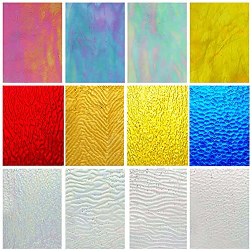 Lanyani 12 Sheets Iridescent Stained Glass Sheets Cathedral Art Glass Packs for Mosaic Work Crafts, Assorted Clear + Opaque + Clear Color