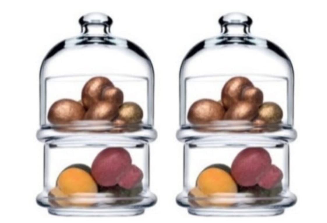 2 Tier Stackable Glass Storage Jar. (Set of 2) Biscuit Patisserie Domed Sweet Jar. Cake Macaron Cookie Containers. Decorative Jar. (4x230ml)