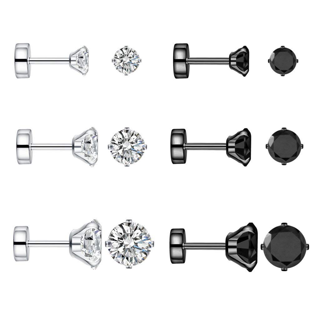 6 Pairs 18G/1mm Stainless Steel Black Tiny Cubic Zirconia Studs Earrings for Women Men Cartilage Ear Lobe Piercings Helix Set Flat Screw Backs 3mm 4mm 5mm