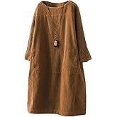 Minibee Women's Oversize Tunic Dress Corduroy Long Sleeve Tops with Pockets