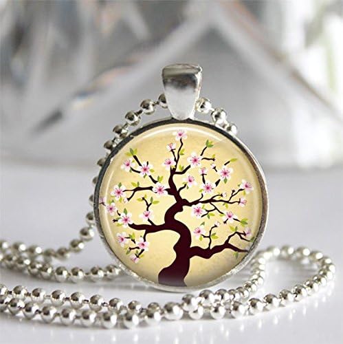 Whimsical Pink Cherry Blossom Tree Bezel Glass Tile Pendant Necklace