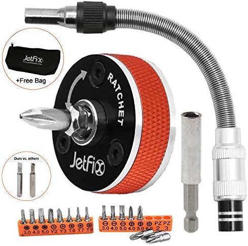 Jetfix Multipurpose 1/4-Inch Dual Drive Ratcheting Screwdriver Set (Wrench) right angle with Flexible Drill Extender Bar and Magnetic Bits for Craftsman, Renovator, Handyman, IT, PC, Computer, Monitor
