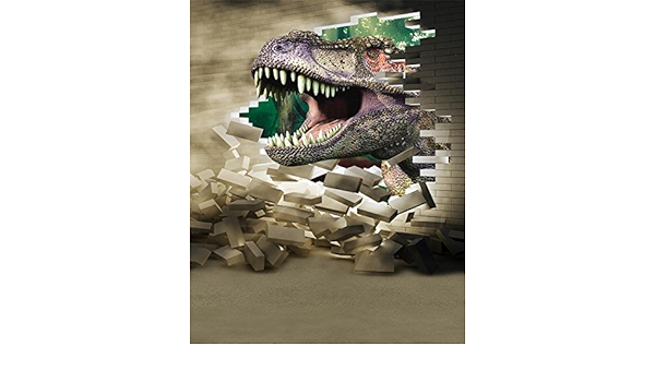AOFOTO 4x5ft Ferocious Dinosaur Photography Backdrop 3D Cartoon Animal Artistic Background Jungle Broken Brick Wall Kid Boy Girl Children Portrait