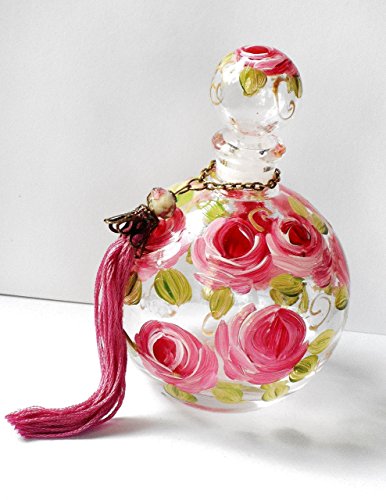 Hand Painted Rose Large Round Empty Glass Perfume Bottle with Stopper Cap and Handmade Tassel