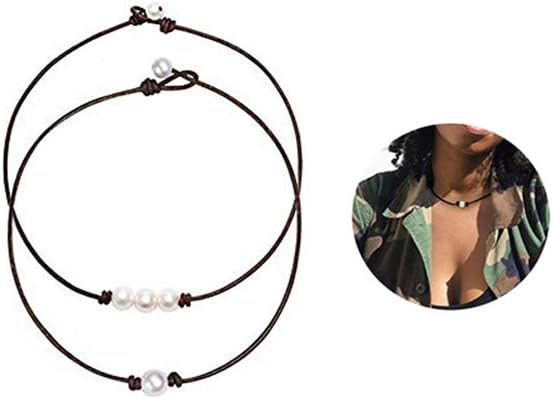 14" 15" 16" Single Pearl and Three Pearl Choker Necklace with Black or Brown Leather