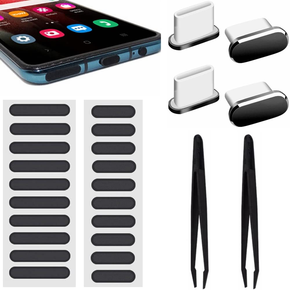 Kiwochy Anti Dust Plug Set 4x Type C Phone Dust Plug 20x Speaker Dustproof Sticker USB Type C Port Cap Cover Headphone Dust Plugs Mobile Phone DustproofKit Anti-dust Speaker Mesh Sticker with Tweezer
